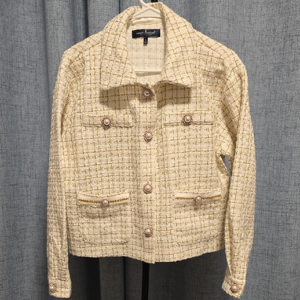 Simply Southern‎ Cream And Gold Metallic Tweed Blazer With Pearl Buttons Size L
